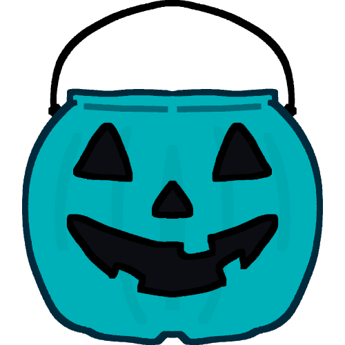 a teal pumpkin shaped basket with a classic jack-o-lantern face on it